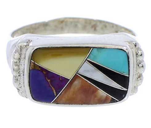 Silver Turquoise Multicolor Southwest Inlay Ring Size 8-3/4 JX38089